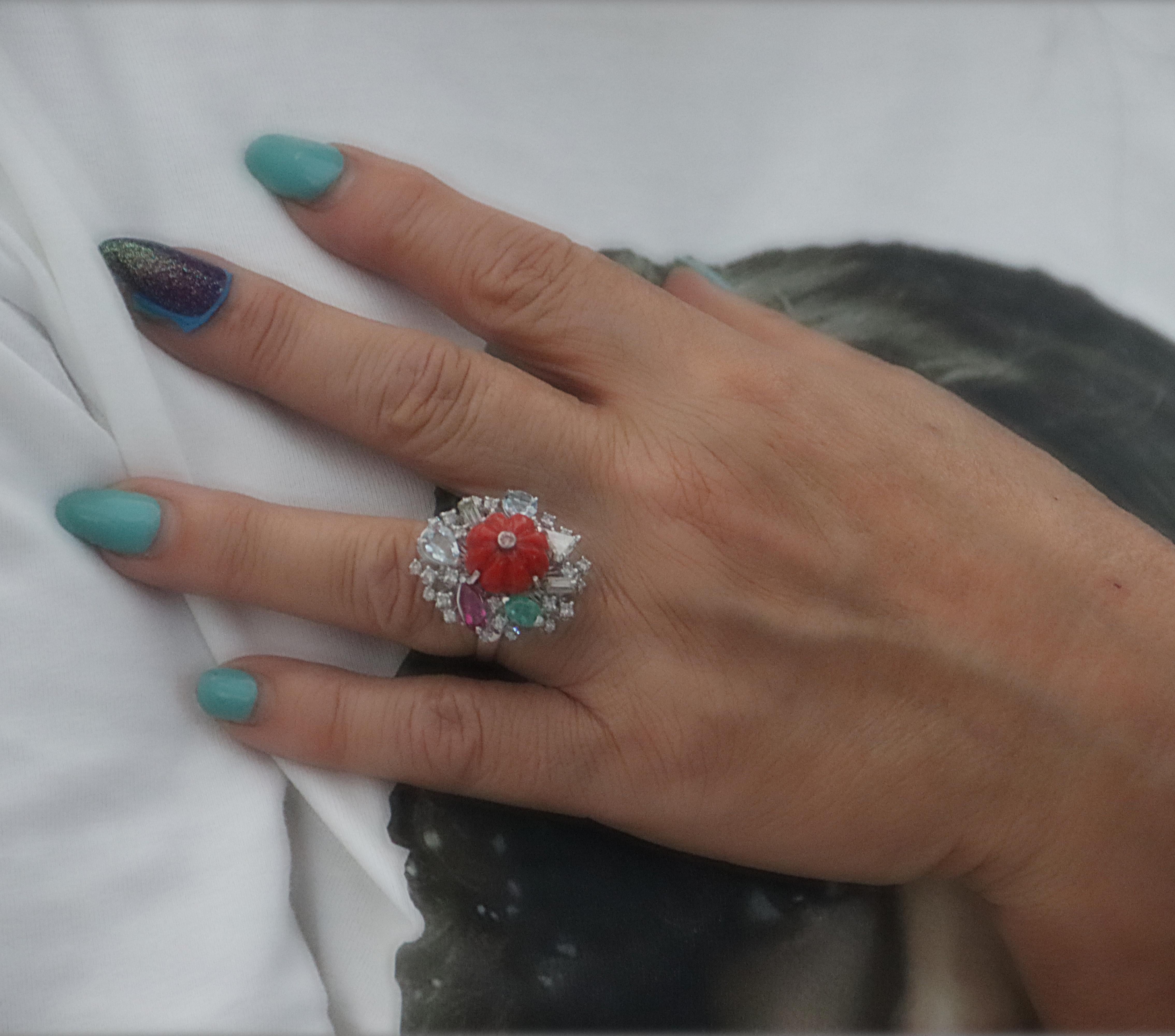 Coral Emerald Ruby Aquamarine 18 Karat White Gold Diamonds Cocktail Ring For Sale 3