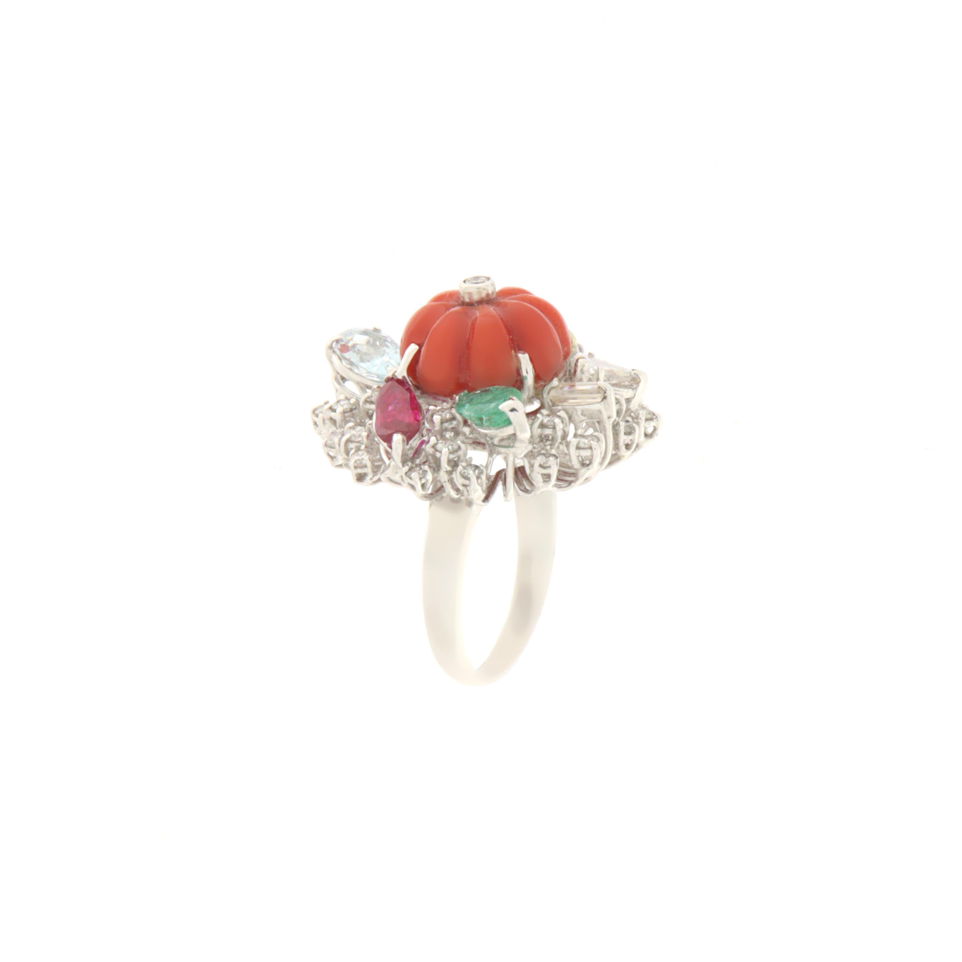 Artisan Coral Emerald Ruby Aquamarine 18 Karat White Gold Diamonds Cocktail Ring For Sale