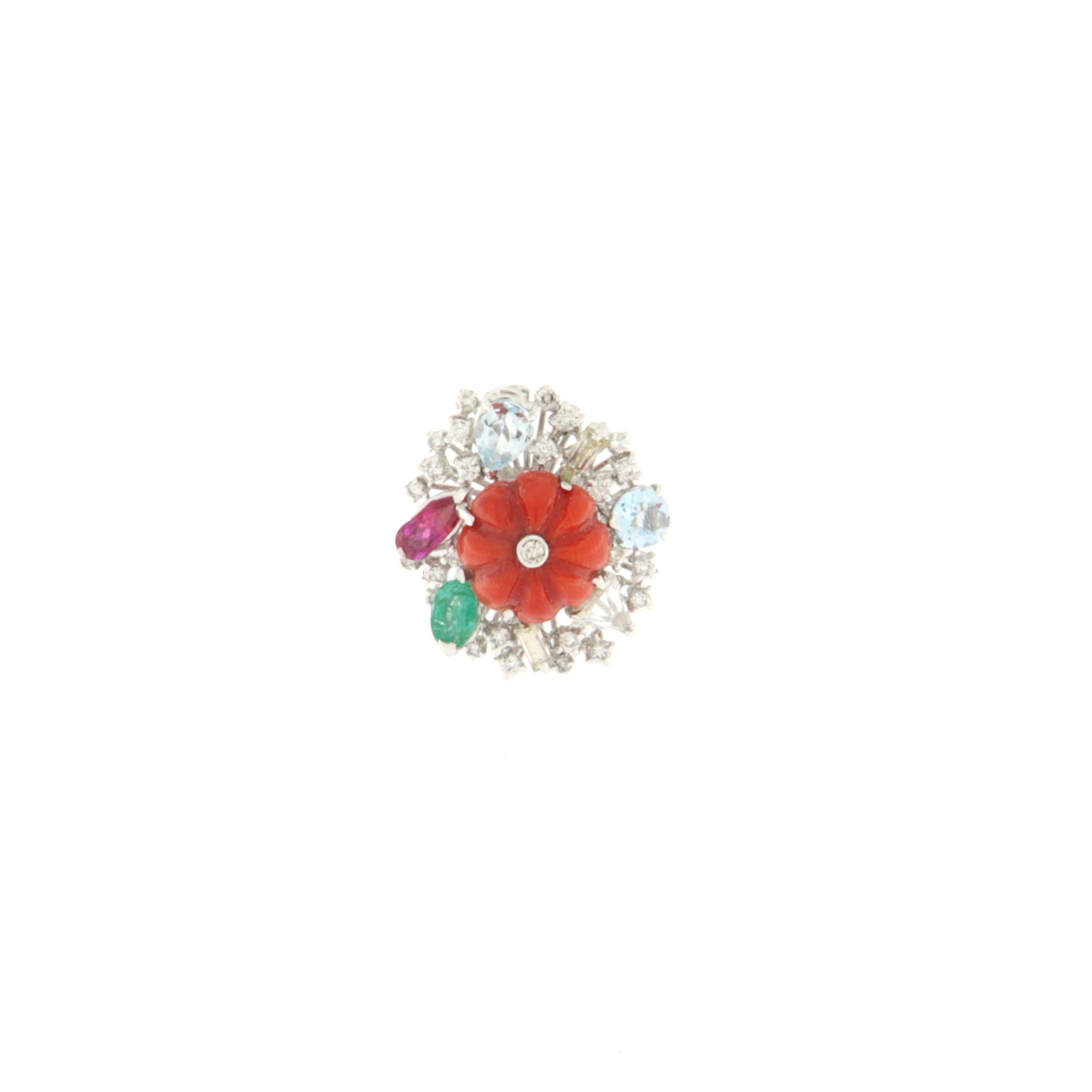 Women's Coral Emerald Ruby Aquamarine 18 Karat White Gold Diamonds Cocktail Ring For Sale