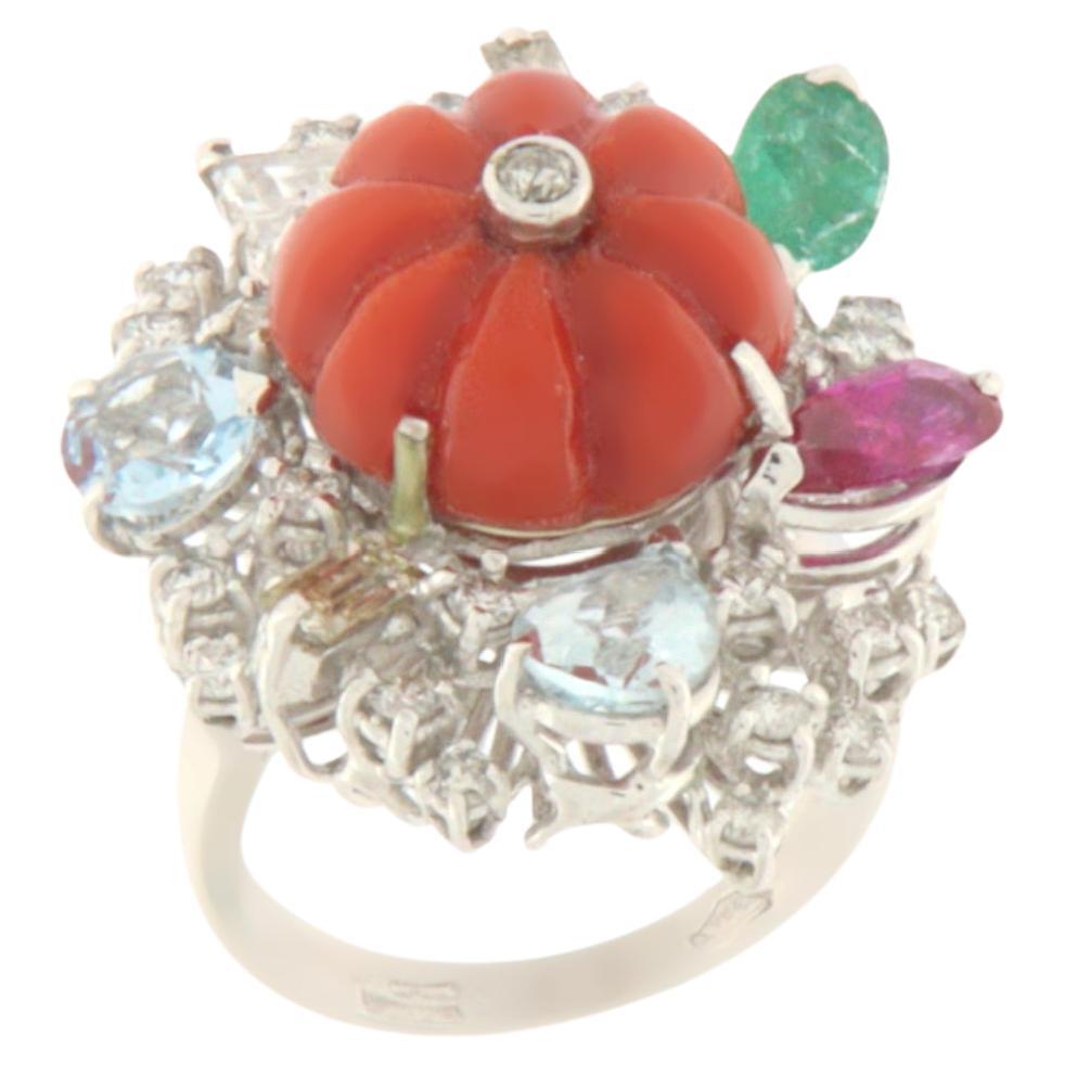 Coral Emerald Ruby Aquamarine 18 Karat White Gold Diamonds Cocktail Ring
