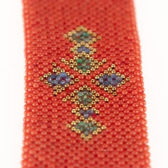 Coral Emerald Sapphire Beads 18 Karat Gold Beaded Woven Clamper Cross Bracelet