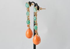Coral, Emerald, Sapphire on Yellow Gold 18 Carat Chandelier Earrings