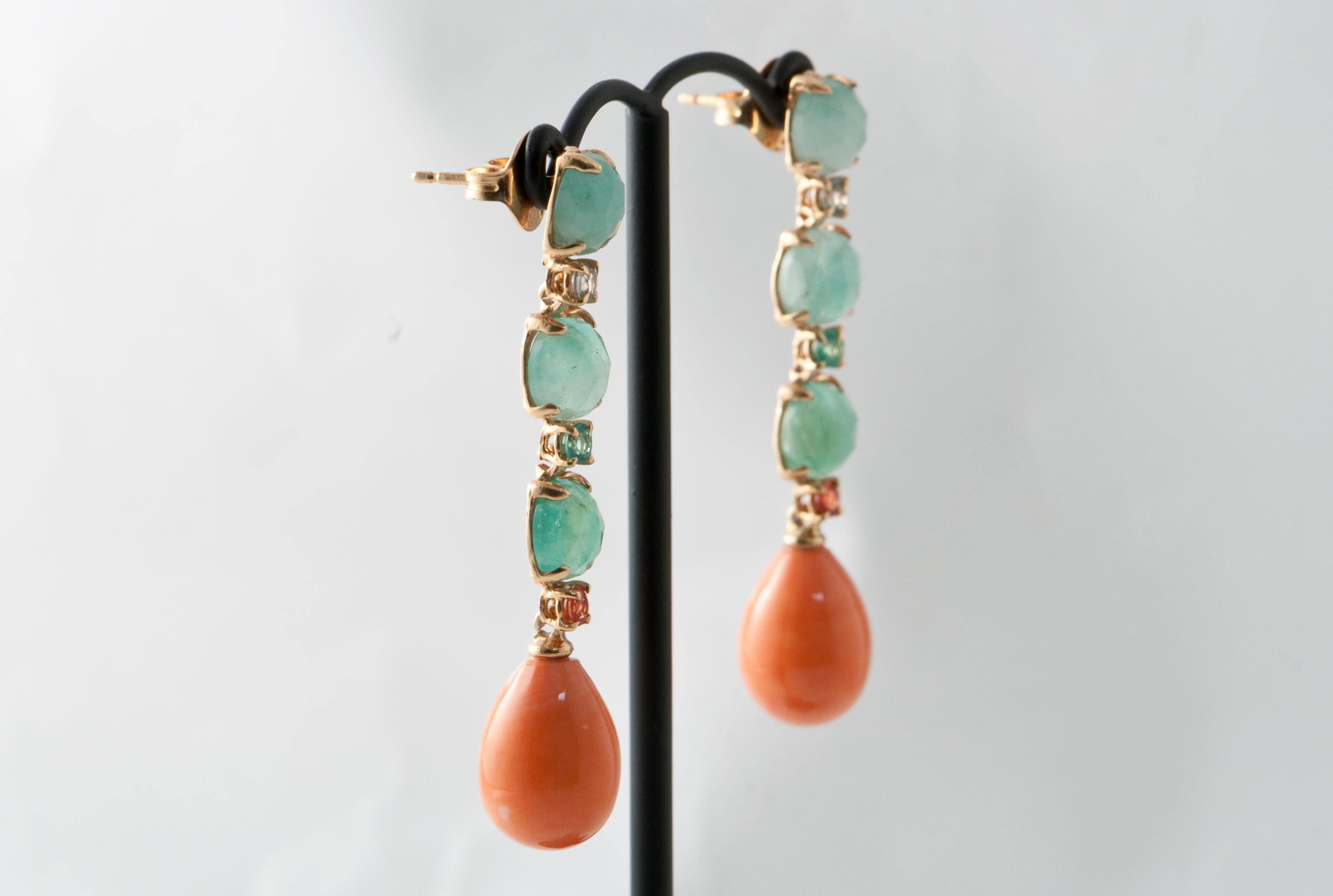 Contemporary Coral, Emerald, Sapphire on Yellow Gold 18 Carat Chandelier Earrings
