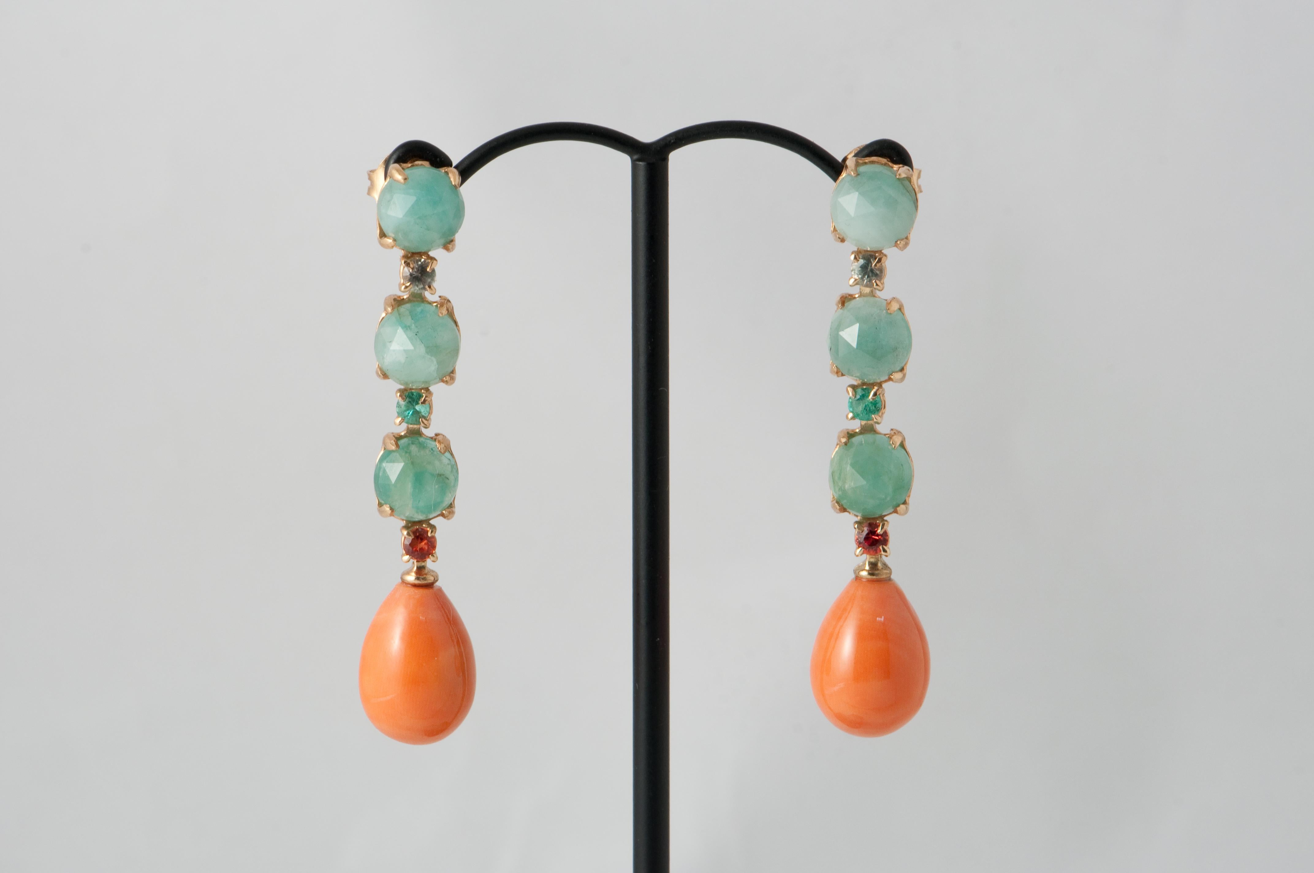 Coral, Emerald, Sapphire on Yellow Gold 18 Carat Chandelier Earrings In New Condition In Vannes, FR