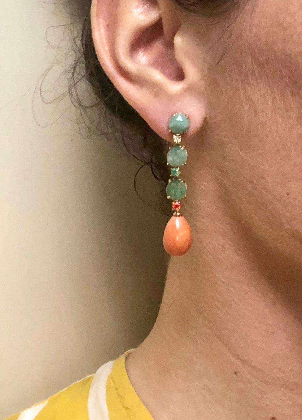 Women's Coral, Emerald, Sapphire on Yellow Gold 18 Carat Chandelier Earrings