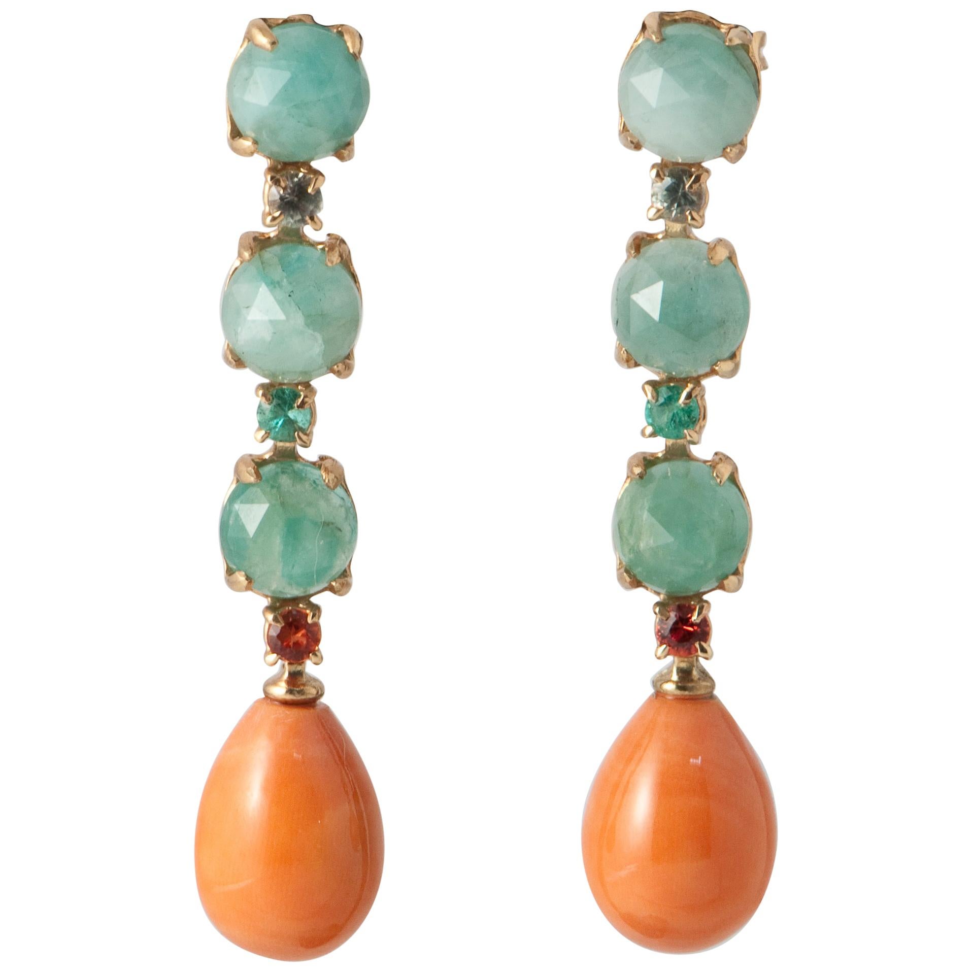 Coral, Emerald, Sapphire on Yellow Gold 18 Carat Chandelier Earrings