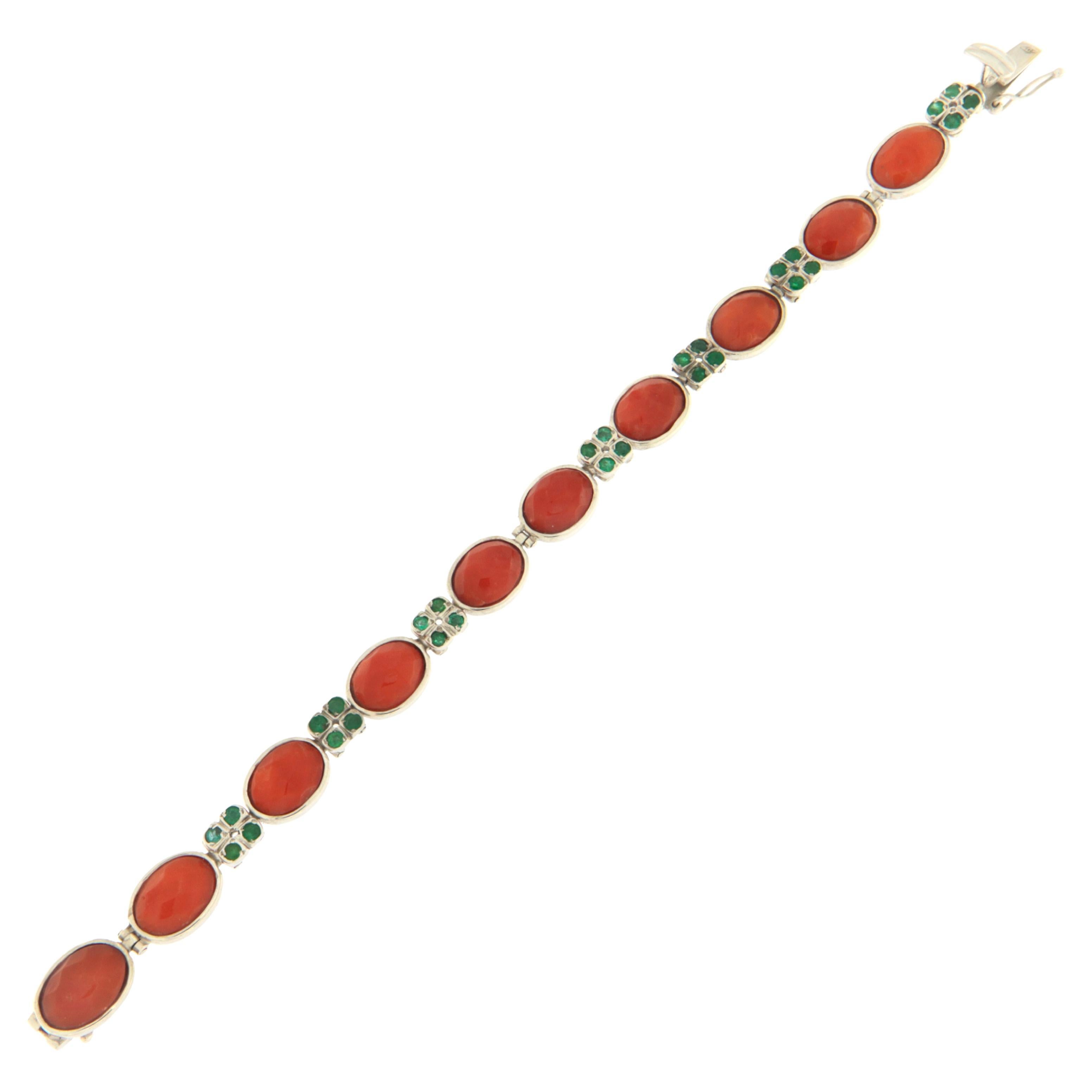Coral Emeralds 18 Karat White Gold Cuff Bracelet For Sale