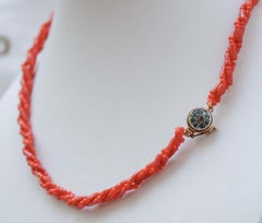 Coral, Emeralds, Diamonds, 14 Karat Rose Gold and Silver Necklace.