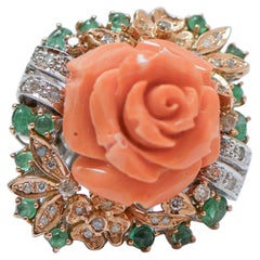 Vintage Coral, Emeralds, Diamonds, 14 Karat White Gold Ring.
