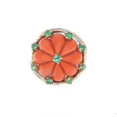 Coral Emeralds Diamonds 14 Karat Yellow Gold Cocktail Ring