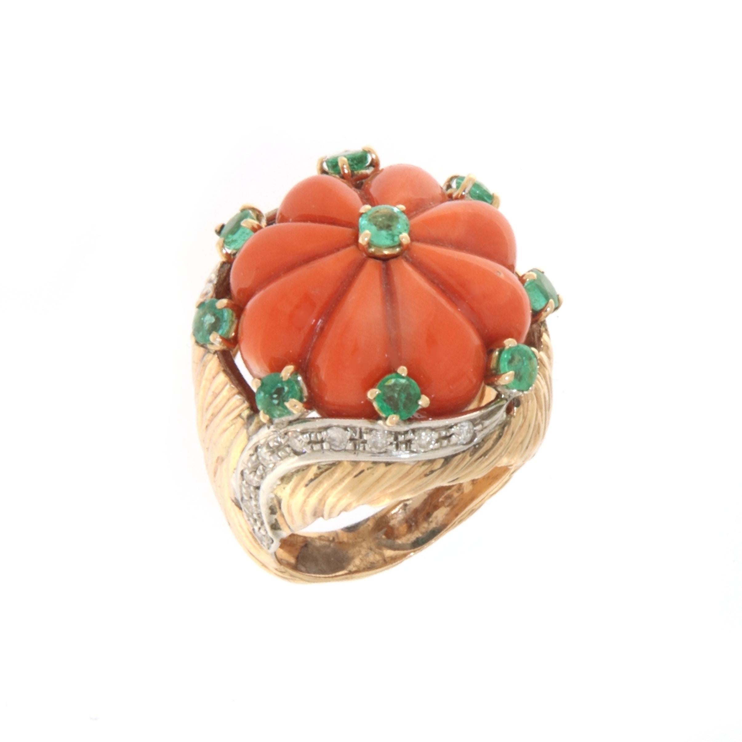 Artisan Coral Emeralds Diamonds 14 Karat Yellow Gold Cocktail Ring For Sale