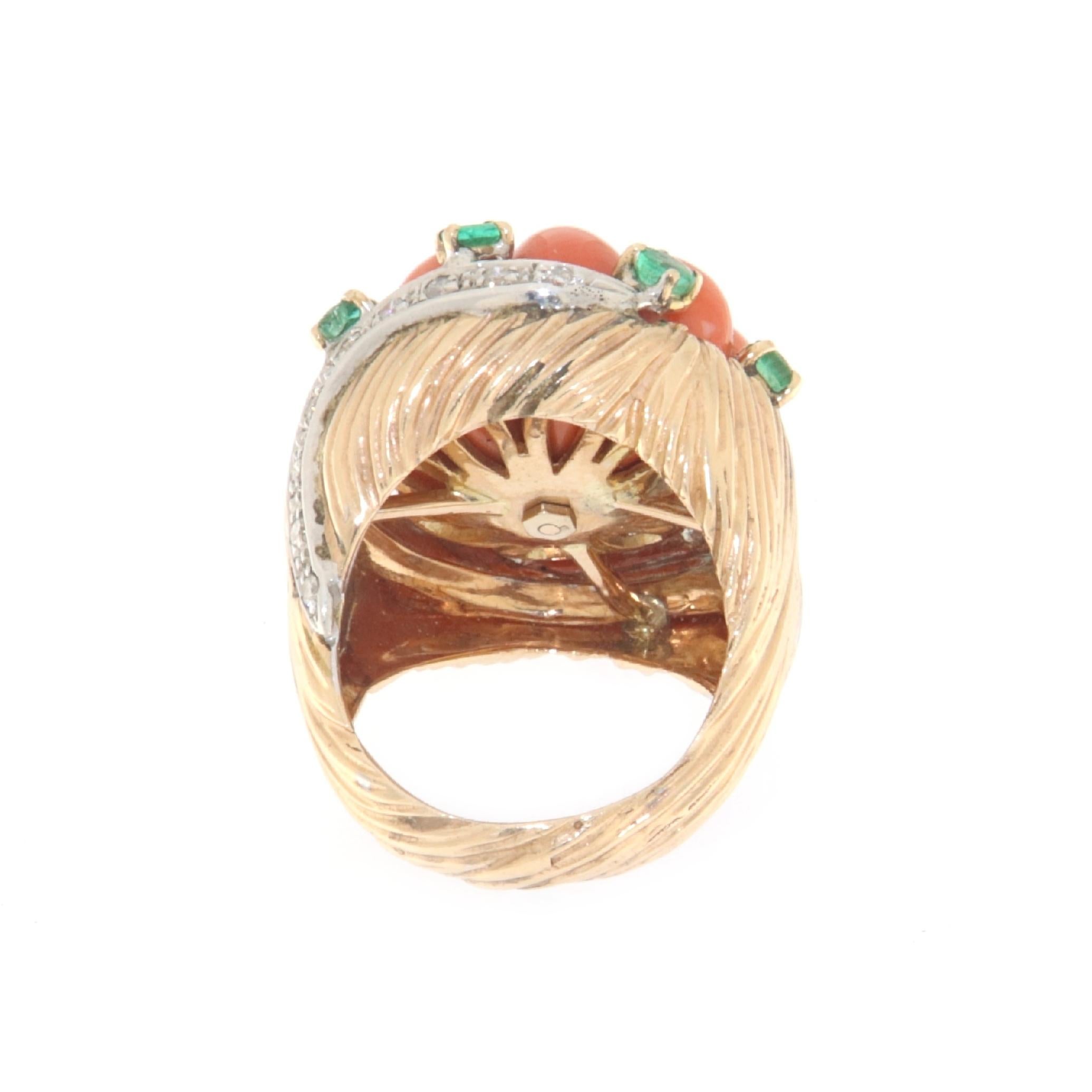 Women's Coral Emeralds Diamonds 14 Karat Yellow Gold Cocktail Ring For Sale