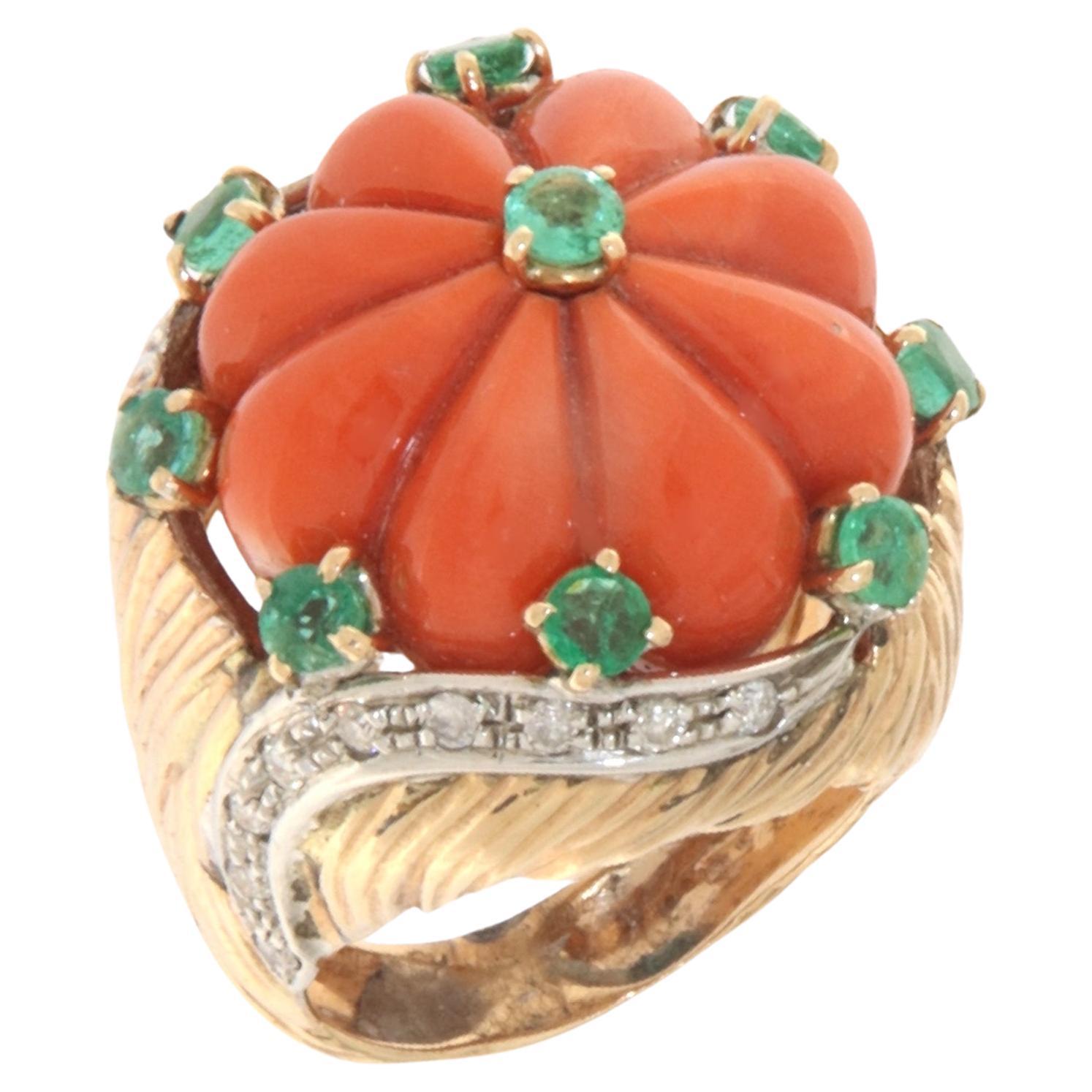 Coral Emeralds Diamonds 14 Karat Yellow Gold Cocktail Ring For Sale