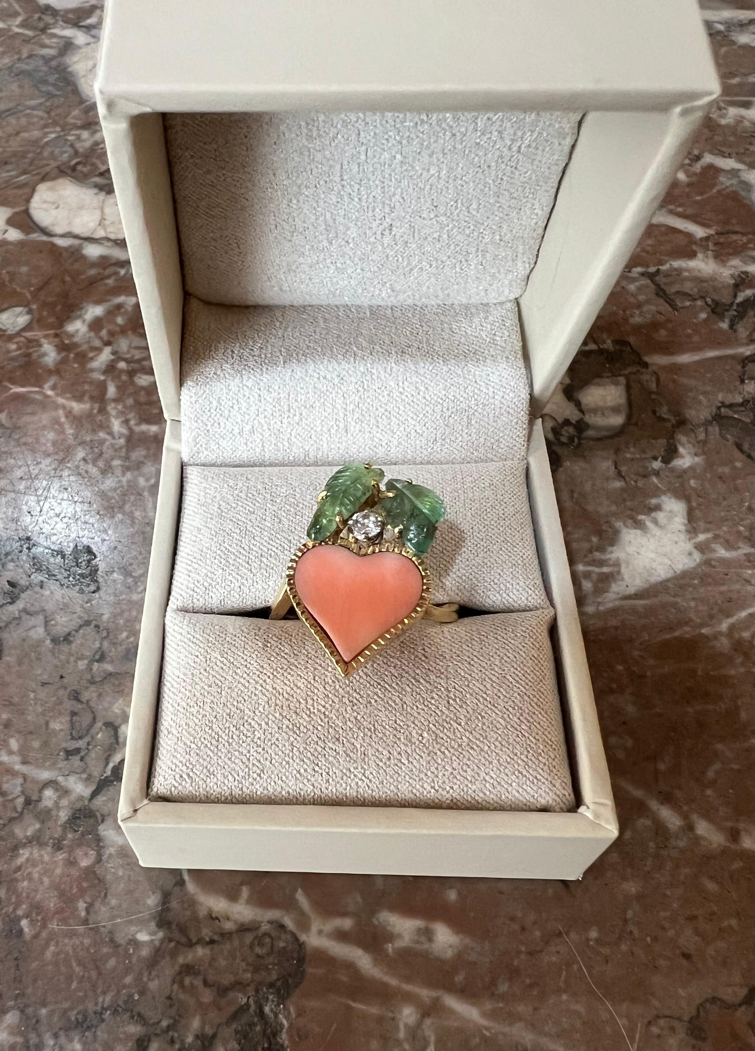 Women's Coral Emeralds Diamonds 18 Carat Yellow Gold Heart Ring For Sale