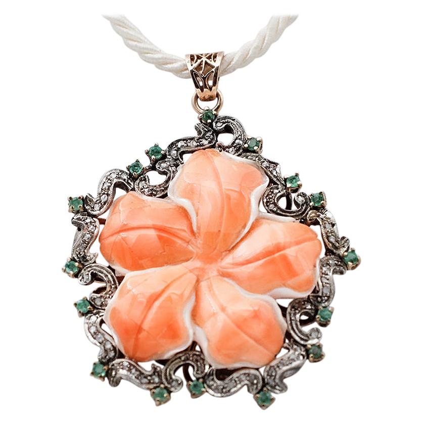 Coral, Emeralds, Diamonds, 9 Karat Rose Gold and Silver Pendant Necklace