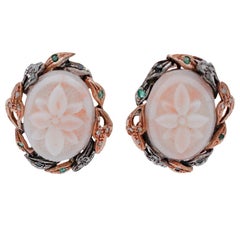 Coral, Emeralds, Diamonds, 9 Karat Rose Gold and Silver Stud Earrings