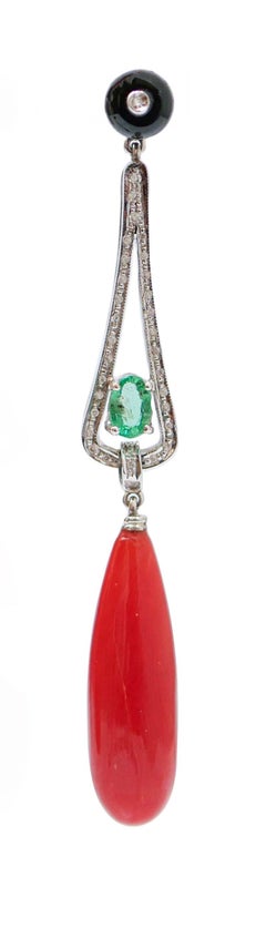 Coral, Emeralds, Diamonds, Onyx, Platinum Dangle Earrings.