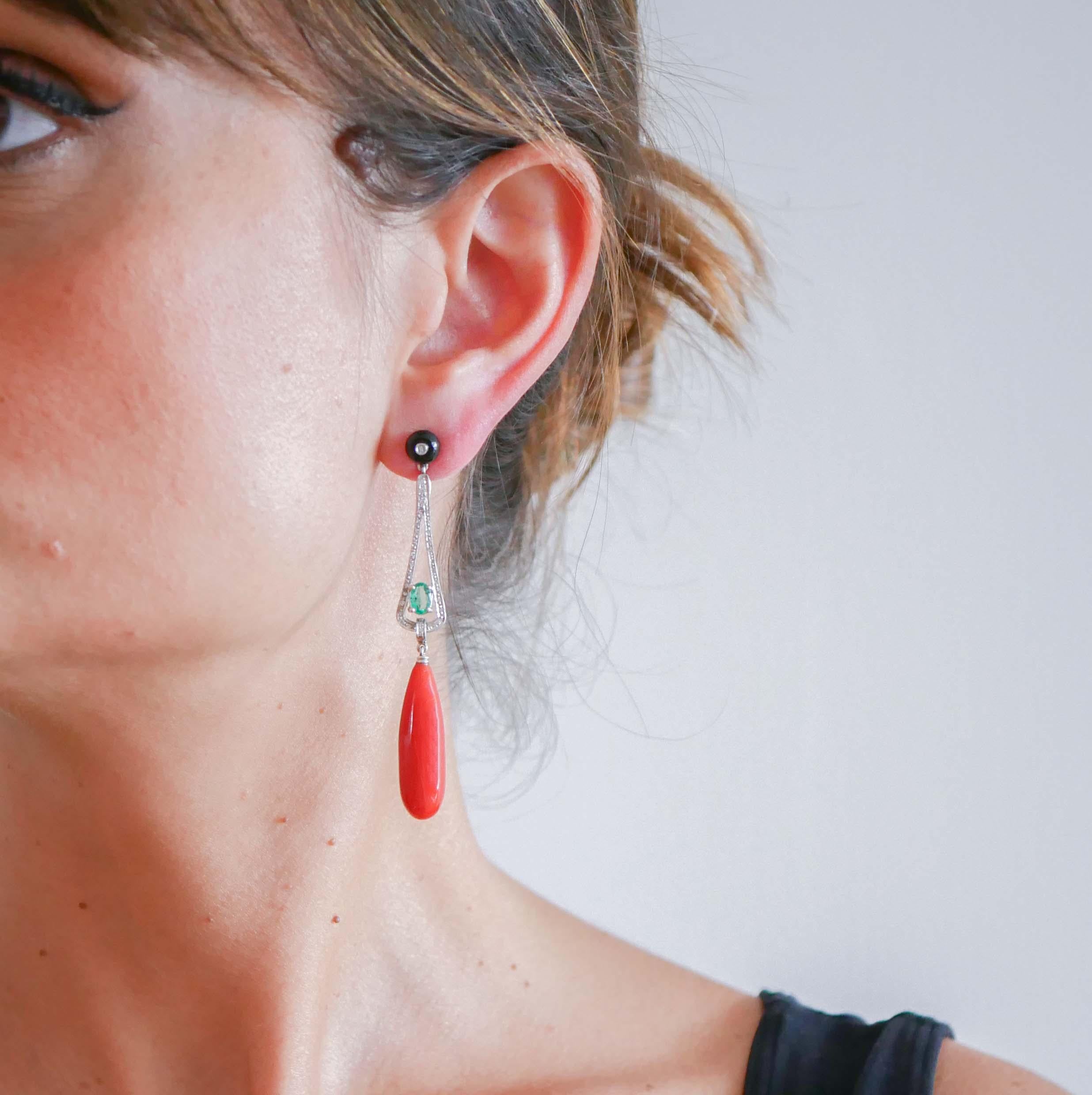 Mixed Cut Coral, Emeralds, Diamonds, Onyx, Platinum Dangle Earrings.