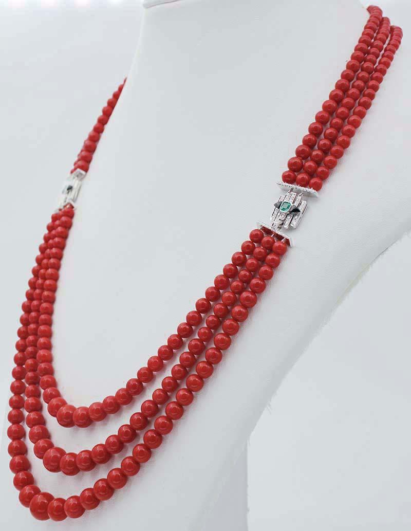 Retro Coral, Emeralds, Diamonds, Onyx, Platinum Multi-Strands Necklace