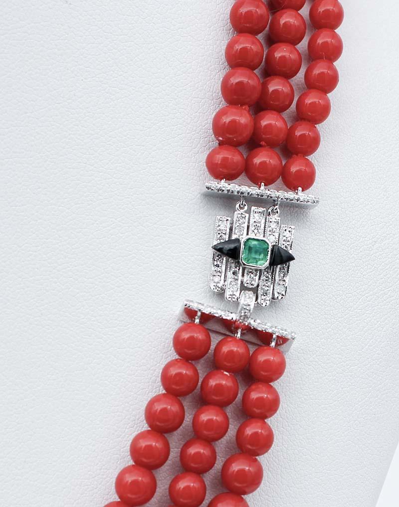 Mixed Cut Coral, Emeralds, Diamonds, Onyx, Platinum Multi-Strands Necklace