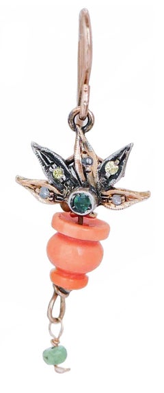 Coral, Emeralds, Diamonds, Rose Gold and Silver Earrings.