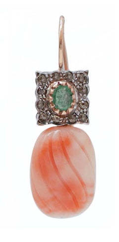 Coral, Emeralds, Diamonds, Rose Gold and Silver Earrings.