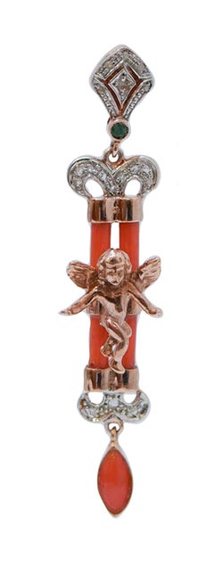 Coral, Emeralds, Diamonds, Rose Gold and Silver Earrings.