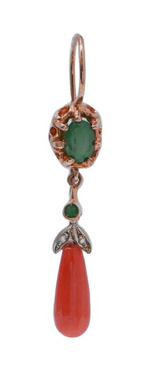Coral, Emeralds, Diamonds, Rose Gold and Silver Earrings.