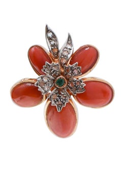 Coral, Emeralds, Diamonds, Rose Gold and Silver Earrings.