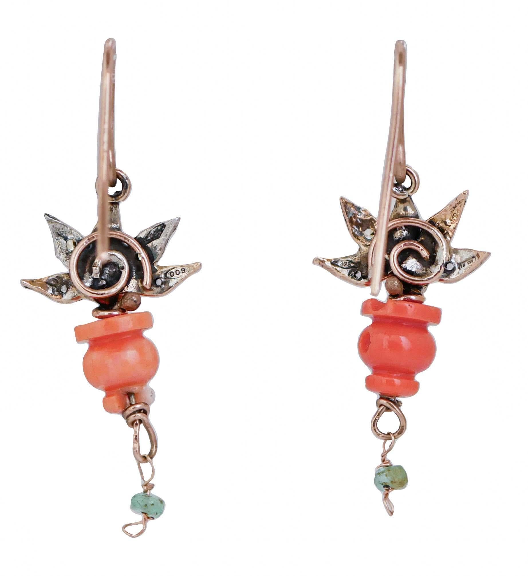 Retro Coral, Emeralds, Diamonds, Rose Gold and Silver Earrings. For Sale