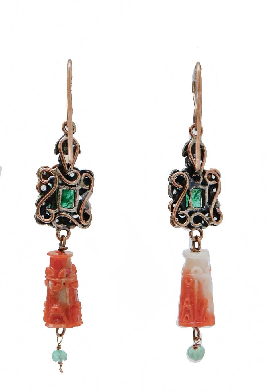 Retro Coral, Emeralds, Diamonds, Rose Gold and Silver Earrings. For Sale