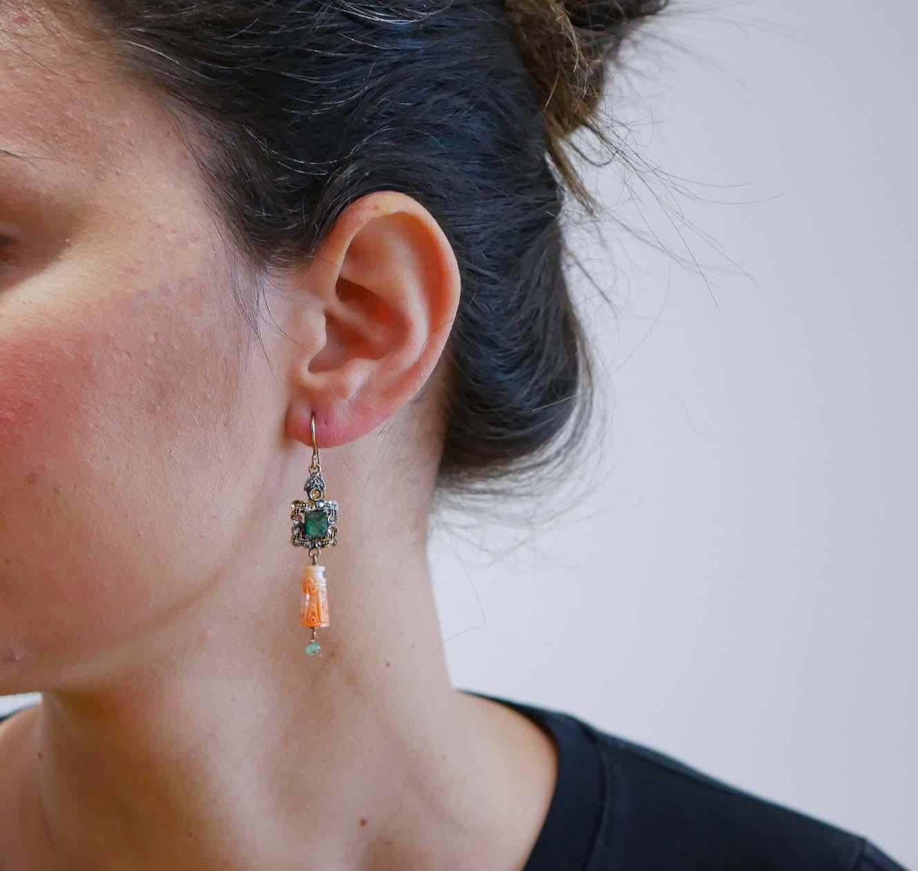 Mixed Cut Coral, Emeralds, Diamonds, Rose Gold and Silver Earrings. For Sale