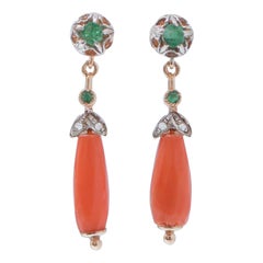 Coral, Emeralds, Diamonds, Rose Gold and Silver Earrings.