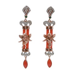 Coral, Emeralds, Diamonds, Rose Gold and Silver Earrings.