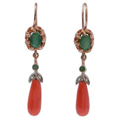 Coral, Emeralds, Diamonds, Rose Gold and Silver Earrings.
