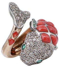 Coral, Emeralds, Diamonds, Rose Gold and Silver Fish Shape Ring