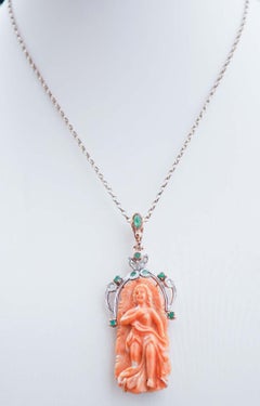 Coral, Emeralds, Diamonds, Rose Gold and Silver Pendant.