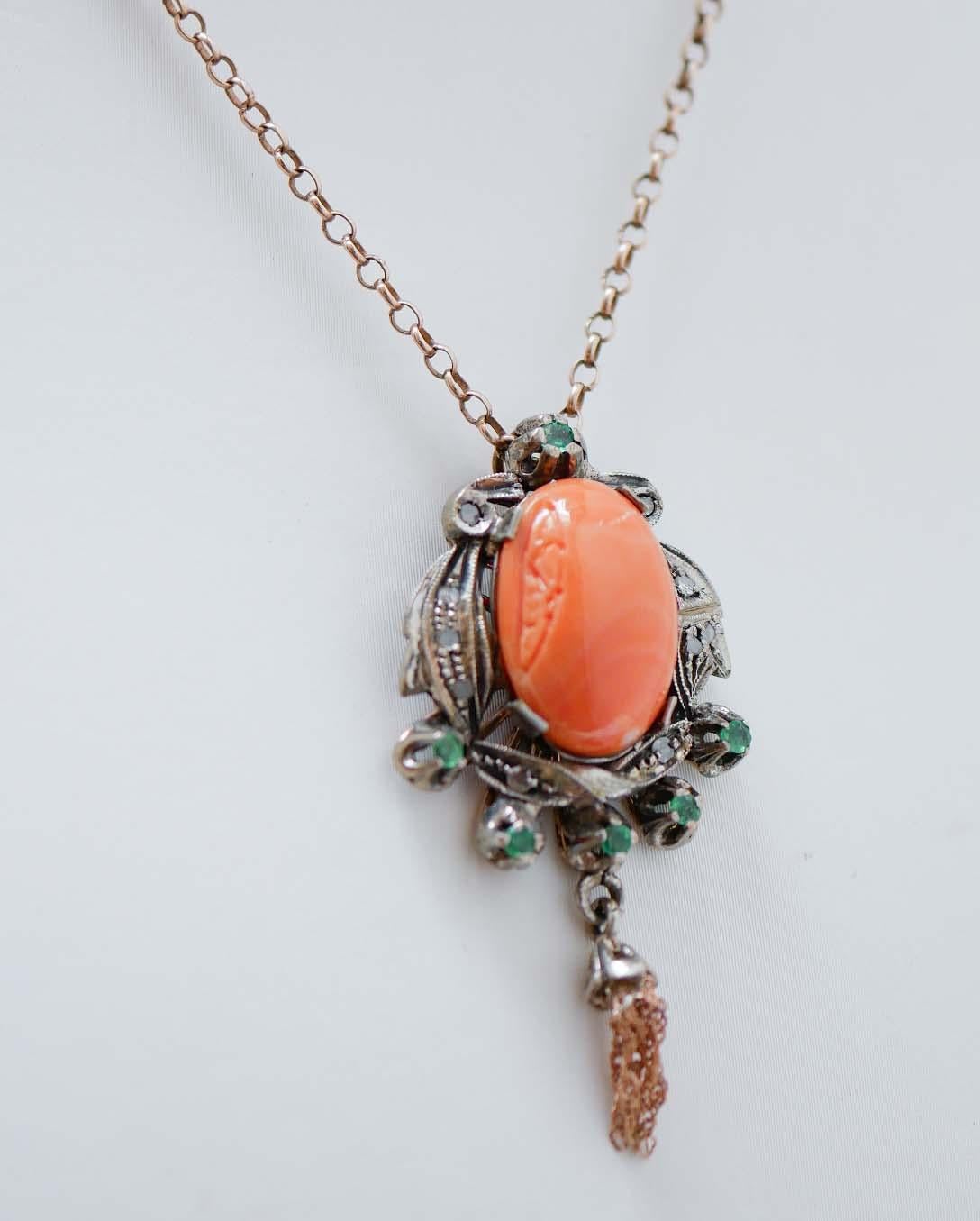 Retro Coral, Emeralds, Diamonds, Rose Gold and Silver Pendant. For Sale