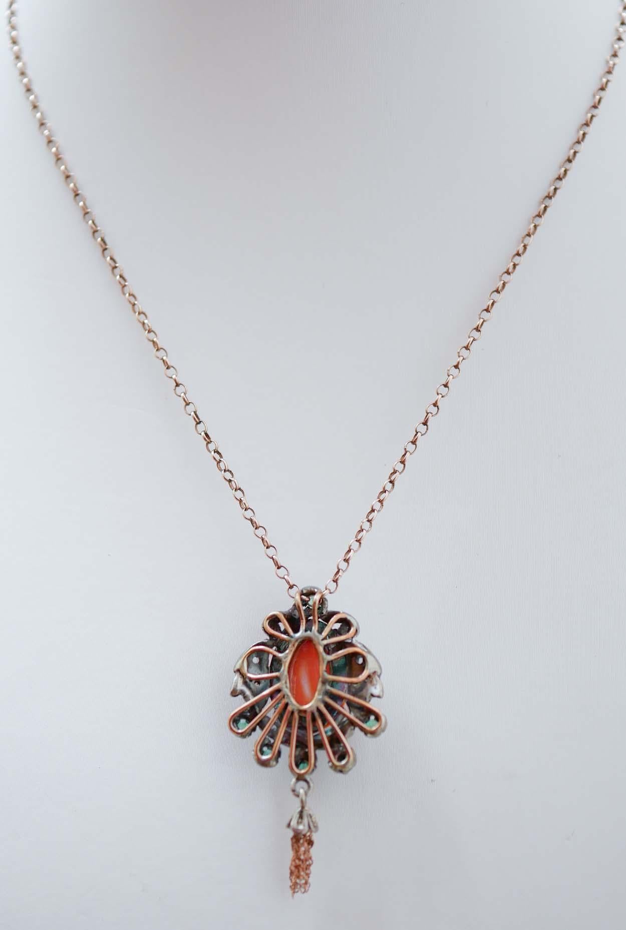Mixed Cut Coral, Emeralds, Diamonds, Rose Gold and Silver Pendant. For Sale