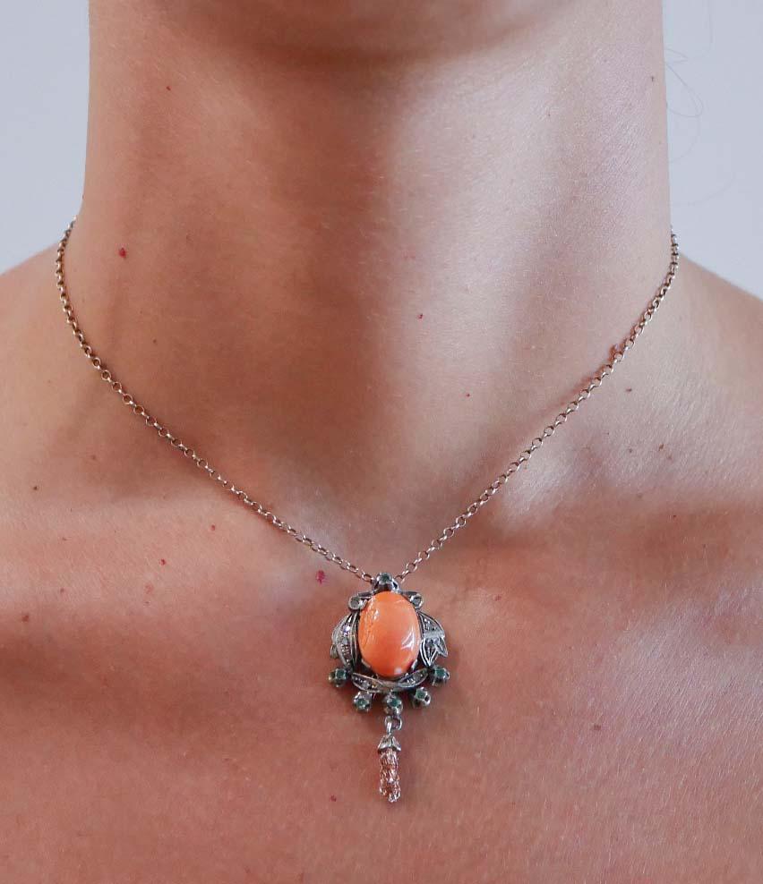 Women's Coral, Emeralds, Diamonds, Rose Gold and Silver Pendant. For Sale