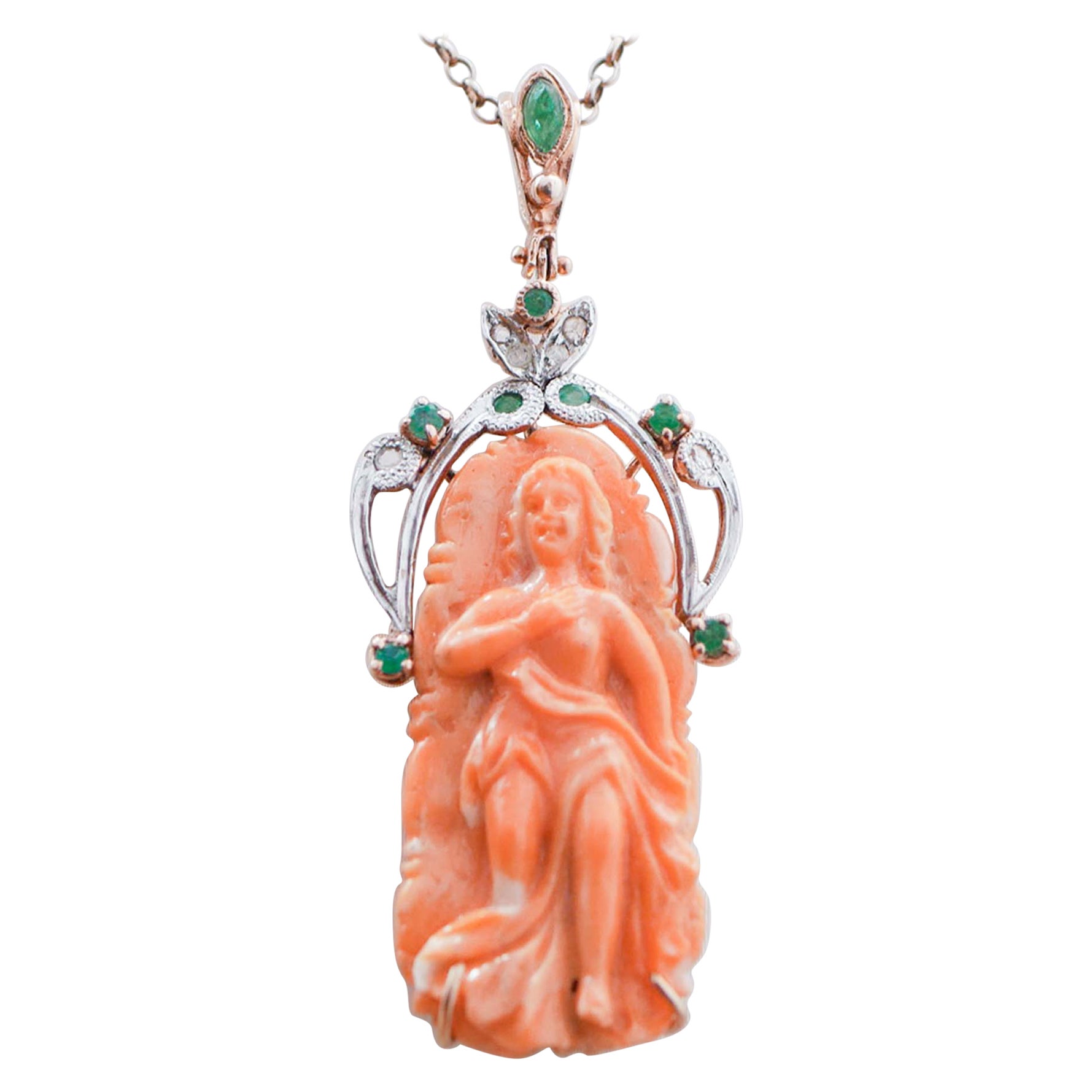 Coral, Emeralds, Diamonds, Rose Gold and Silver Pendant. For Sale