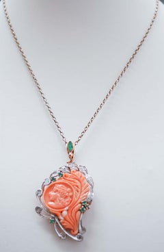 Coral, Emeralds, Diamonds, Rose Gold and Silver Pendant Necklace.