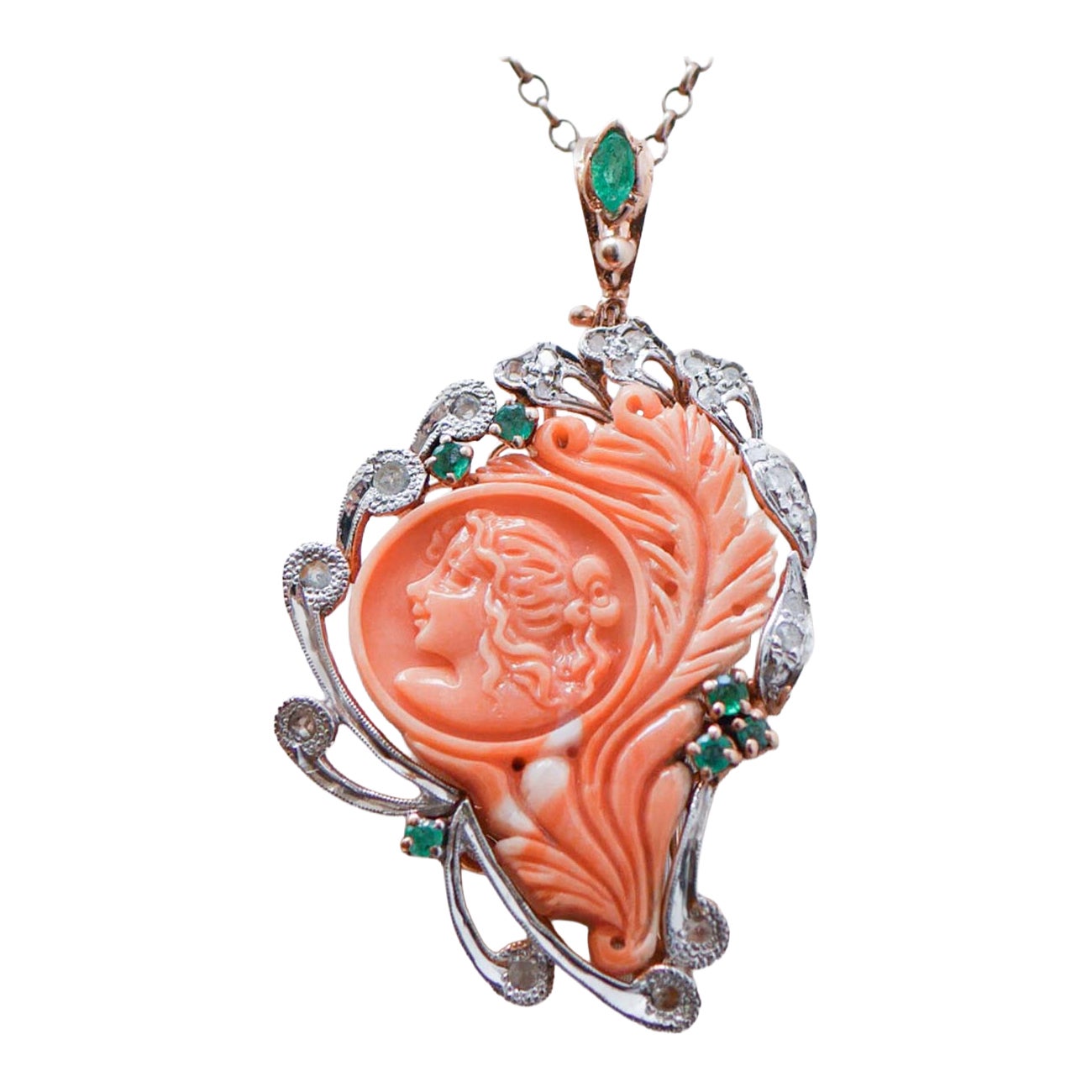 Coral, Emeralds, Diamonds, Rose Gold and Silver Pendant Necklace.