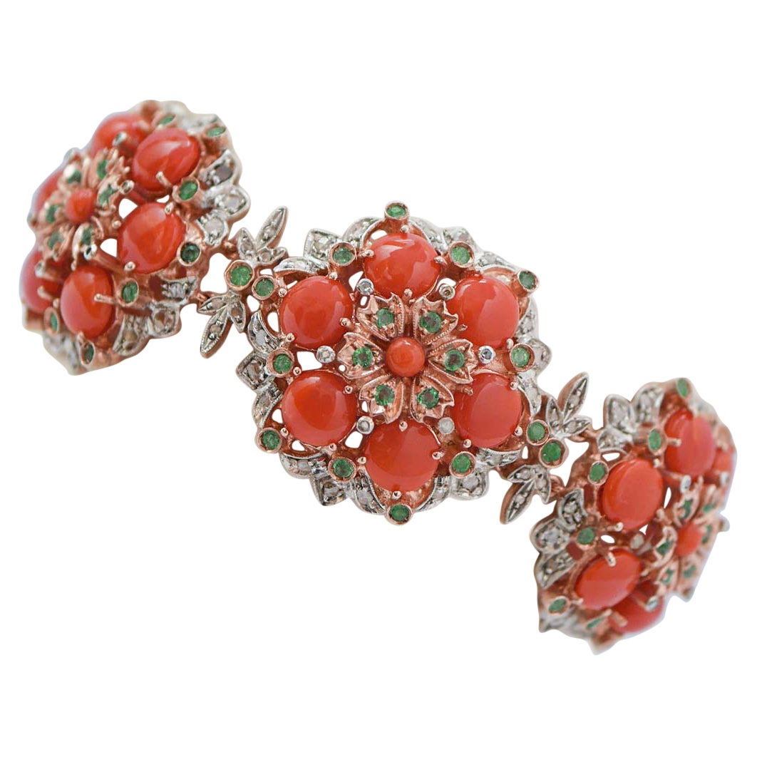Coral, Emeralds, Diamonds, Rose Gold and Silver Retrò Bracelet. For Sale