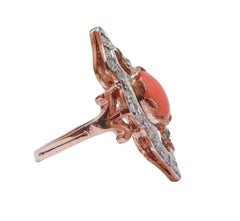Coral, Emeralds, Diamonds, Rose Gold and Silver Ring.