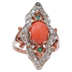 Coral, Emeralds, Diamonds, Rose Gold and Silver Ring.