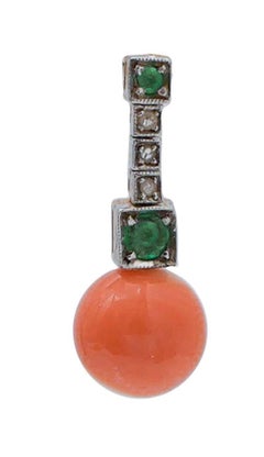 Coral, Emeralds, Diamonds, Rose Gold and Silver Tennis Earrings.