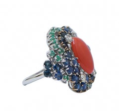 Coral, Emeralds, Diamonds, Sapphires, 14 Karat White Gold Ring.