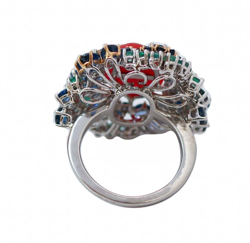 Retro Coral, Emeralds, Diamonds, Sapphires, 14 Karat White Gold Ring. For Sale