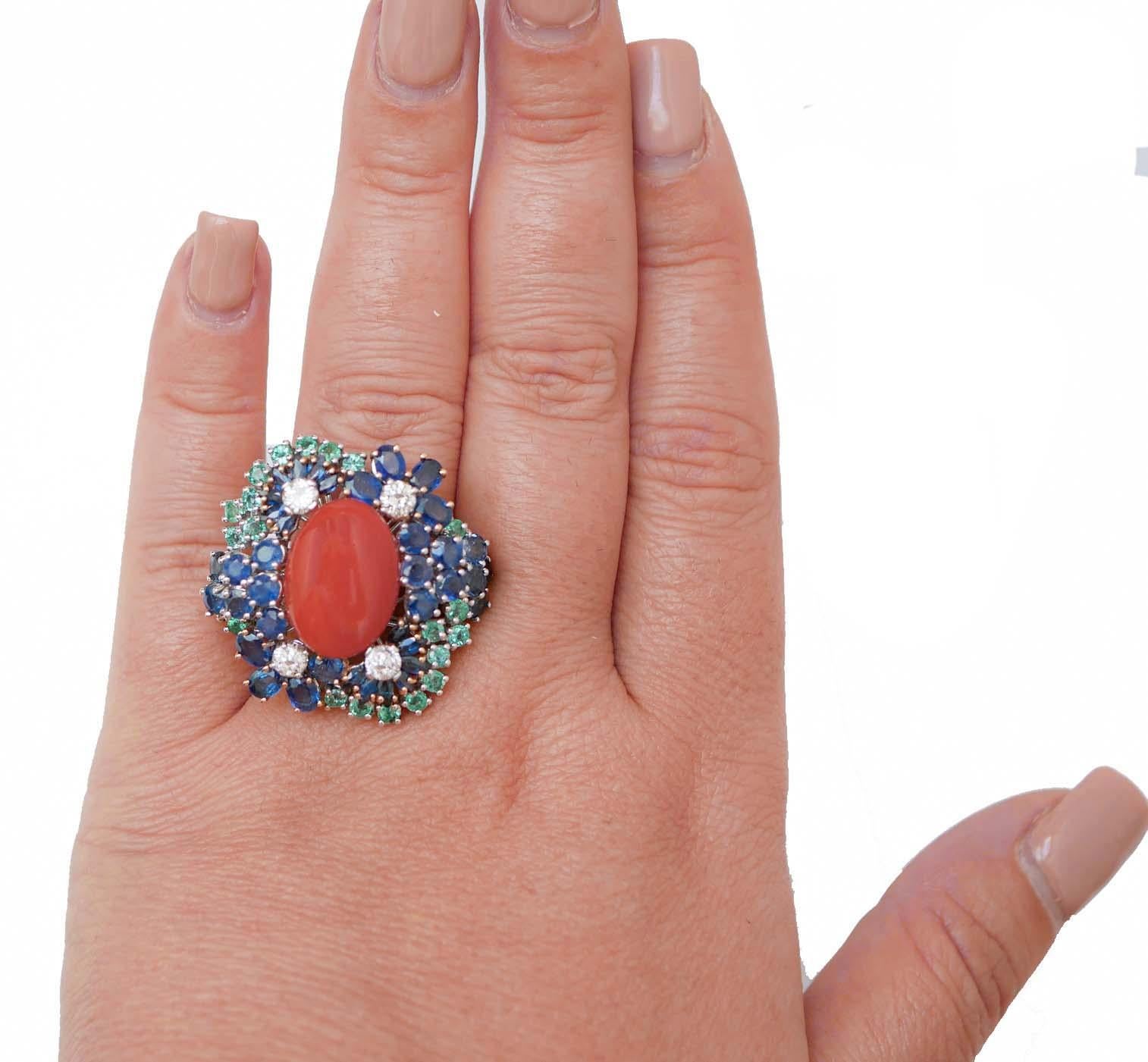 Mixed Cut Coral, Emeralds, Diamonds, Sapphires, 14 Karat White Gold Ring. For Sale